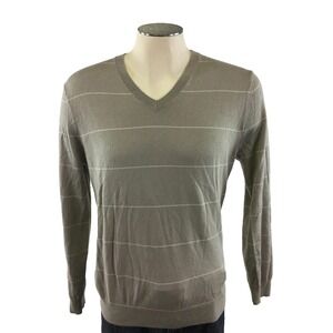 Banana Republic Cashmere Silk Cotton VNeck Sweater M Stripe Gray White Golf Mens